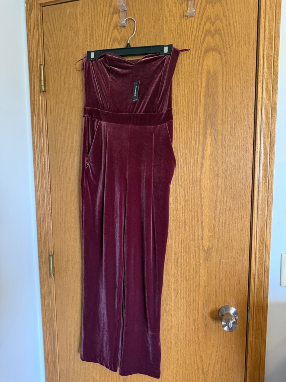 Express Strapless Velvet Jumpsuit in Wine